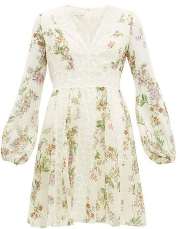 Floral Print Lace Insert Silk Dress - Womens - Ivory Multi