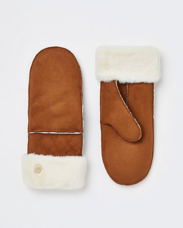 Brown faux fur trim mittens | River Island