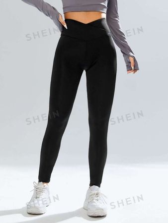 SHEIN EZwear Women's Solid Hot Yoga Black V High Waist Leggings | SHEIN
