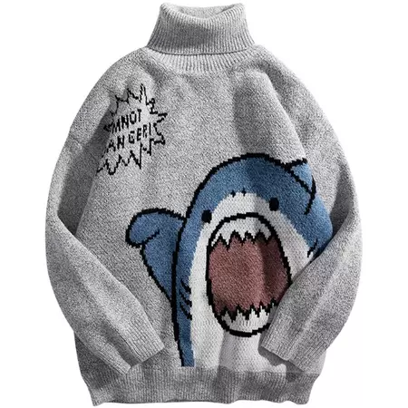 Shark Sweater Men Winter Cartoon Harajuku Korean Y2k Oversized Turtleneck Hip Hop Loose Knit Jumper Pullover High Collar Sweater - AliExpress
