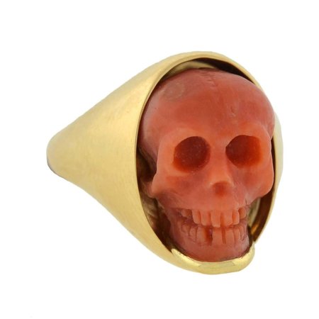 Victorian Style Hand Carved Natural Coral Skull Ring For Sale at 1stDibs