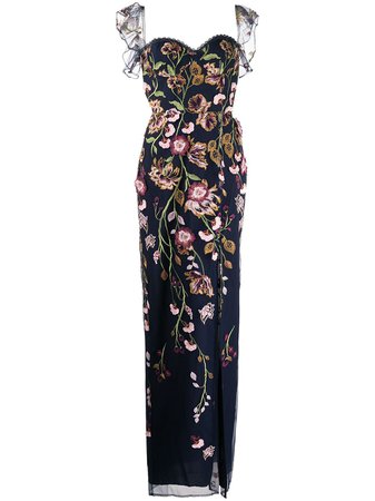 Marchesa Notte floral-embroidered ruffle-trim long dress - FARFETCH