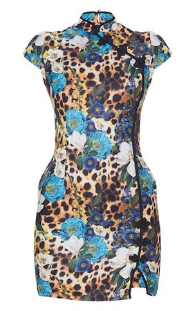 Blue Floral Leopard Oriental Bodycon Dress | PrettyLittleThing