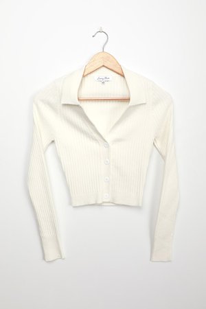 Button-Up Ribbed Top - White Knit Top - Cropped Cardigan Top