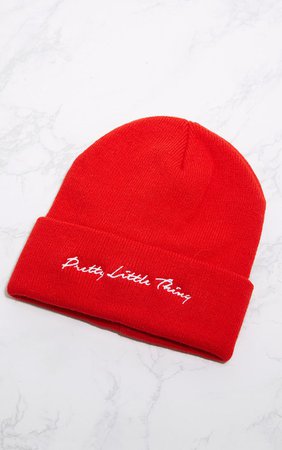PRETTYLITTLETHING RED EMBROIDERED BEANIE
