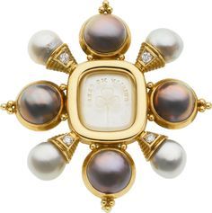 ARCHAEOLOGICAL REVIVAL RUBY, SAPPHIRE, NATURAL PEARL AND YELLOW GOLD BROOCH, BY PIERRET, CIRCA 1870