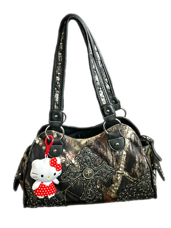 western 2000s bedazzled cross purse bag camo hello kitty plush charm