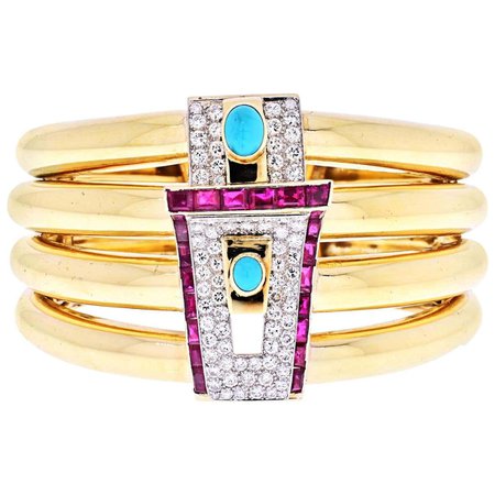 David Webb Yellow Gold Diamond, Ruby and Turquoise Cuff Bracelet For Sale at 1stDibs