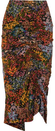 Aaliyah Ruched Floral-print Stretch-crepe Midi Skirt - Brown