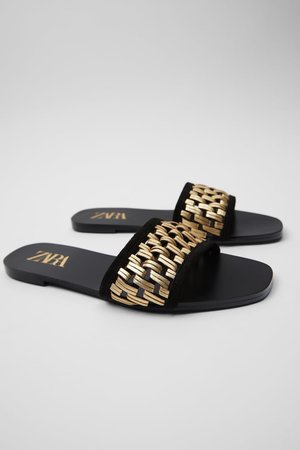 SLIDE SANDALS WITH GOLD WOVEN STRAP | ZARA United States