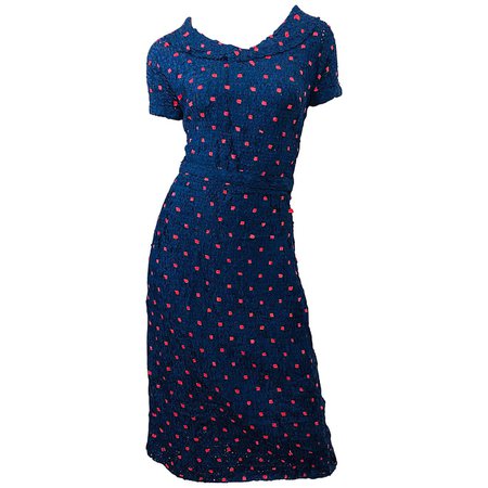 1950s Ann Fleischer for I Magnin Hand Ribbon Knit Navy Blue + Red Vintage Dress For Sale at 1stDibs