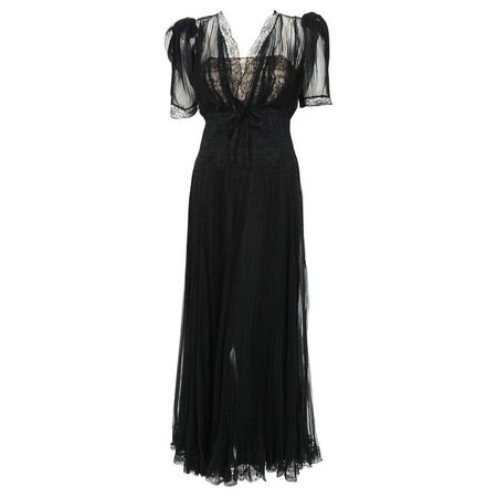 1930's Hattie Carnegie Pleated Black Chiffon and Lace Puff Sleeve Bias-Cut Dress