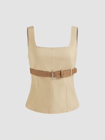 Woven Square Neck Solid Belted Tank Top - Cider