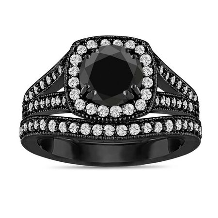 Black Diamond Engagement Ring Set, Vintage Wedding Rings Sets, 14K Black Gold 1.82 Carat Handmade Halo Pave Certified