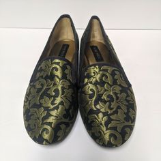 Gucci Loafer Flat Shoes- Womens- Size 37C- Green Velvet- Slip On- Damask Italy