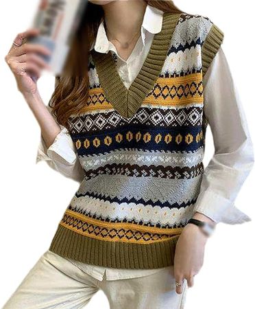 Spring Autumn Loose V-Neck Patchwork Sweater Vest Women Sleeveless All-Match Knitting Pullover Vintage Jumper Top at Amazon Women’s Clothing store