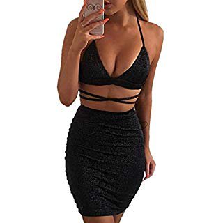 Rela Bota Women's Strapless Sequin Crop Top Skirt Set Lace up Bandage Bodycon Night Out Club Dress at Amazon Women’s Clothing store: