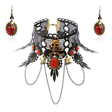 Amazon.com: Eternity J. Elegant Vintage Black Lace Victorian Lolita Gothic Pendant Choker Necklace Earrings Set (Skull): Clothing