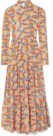 Judy Tiered Floral-print Silk Crepe De Chine Maxi Dress - Yellow