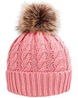 Pilipala Women Knit Winter Turn up Beanie Hat by with Fur Pompom VC17604 Beige Gold Pompom at Amazon Women’s Clothing store: