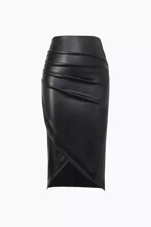 Faux Leather Wrap Ruched Midi Skirt – Micas