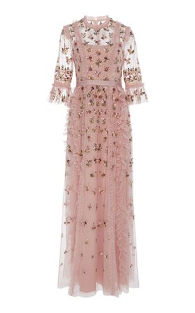 Rococo Floral-Embroidered Tulle Gown