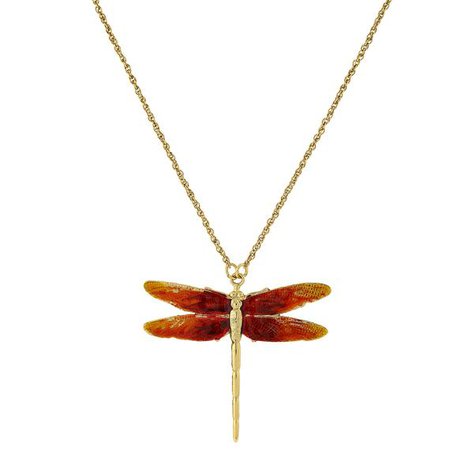 Gold-Tone Orange Enamel Dragonfly Pendant Necklace