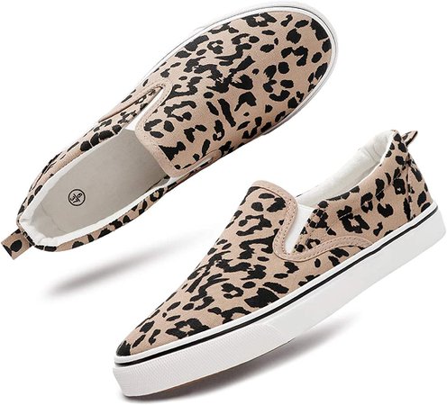 Amazon.com | Women's Canvas Slip On Sneakers Fashion Flats Shoes White Canvas Shoes (Leopard, US9) | Fashion Sneakers