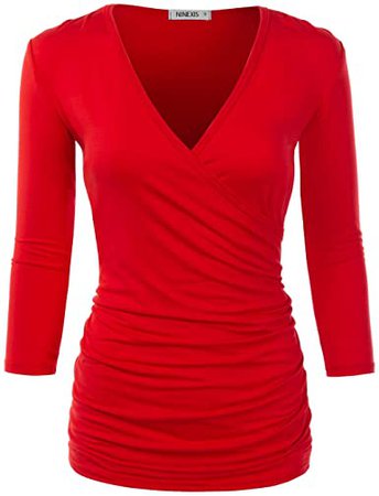 Doublju 3/4 Sleeve Fitted Deep V-Neck Surplice Tops for Women with Plus Size at Amazon Women’s Clothing store