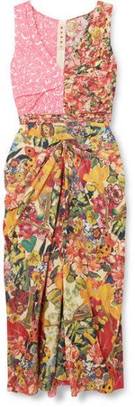 Ruched Floral-print Cotton-poplin Midi Dress - Pink