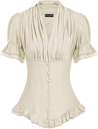 Scarlet Darkness Womens Victorian V Neck Top Short Sleeve Button Down Blouse Beige S at Amazon Women’s Clothing store