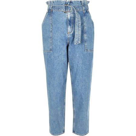 Mid blue denim belted paperbag waist jeans - Boyfriend & Slouch Jeans - Jeans - women