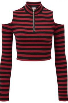 Black and red striped cotton crop top, zip and bare shoulders, KILLSTAR, Gothic rock