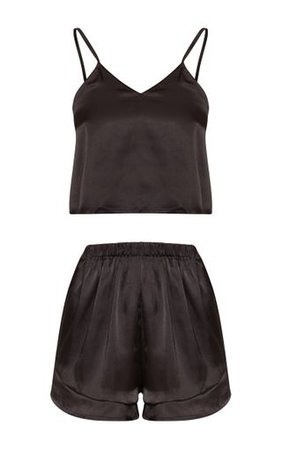 Black Satin Frill Short Pyjama Set | PrettyLittleThing
