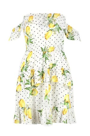 Lemon + Polka Dot Ruffle Shoulder Mini Dress | Boohoo