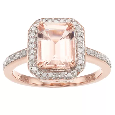 14k Rose Gold Over Silver Emerald Cut Morganite & 1/4 Carat T.W. Diamond Halo Ring