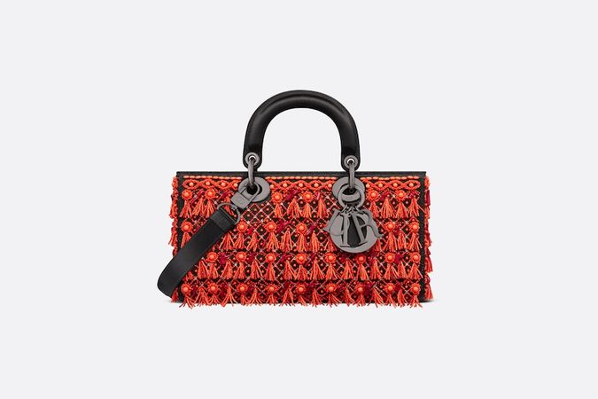 Lady D-Joy Bag Black Satin Embroidered with Coral Red Beads | DIOR