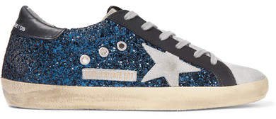 Superstar Distressed Glittered Leather Sneakers - Blue