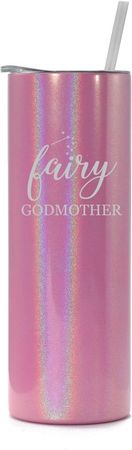 Amazon.com | 20 oz Skinny Tall Tumbler Stainless Steel Vacuum Insulated Travel Mug Cup With Straw Fairy Godmother (Pink Iridescent Glitter): Tumblers & Water Glasses