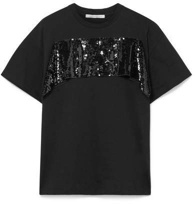 Sequined Tulle-trimmed Cotton-jersey T-shirt - Black