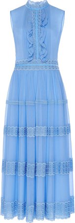 Costarellos Silk Chiffon Sleeveless A-Line Dress With Ruffle Detail &