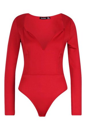 Deep Plunge Long Sleeve Bodysuit | Boohoo red
