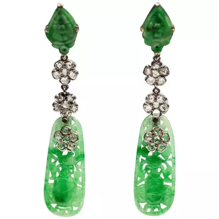 Art Deco Carved Jade and Diamond Earrings For Sale at 1stDibs
