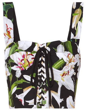 Cropped Floral-print Cotton-blend Poplin And Mesh Bustier Top - Black
