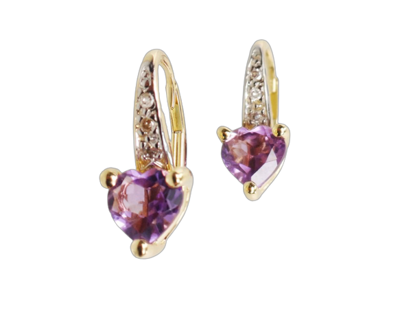 Vintage 14k Amethyst and Diamond Earrings, Natural Amethyst Heart Earrings, Lever Back Purple February Birthstone Yellow Gold Earrings