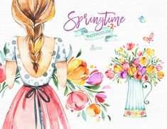 Pinterest - Tulips Bouquet For You With Love Card Spring by JunkyDotCom - Colorful handpainted watercolor bouquet of tulips carried by a young woman | Art!
