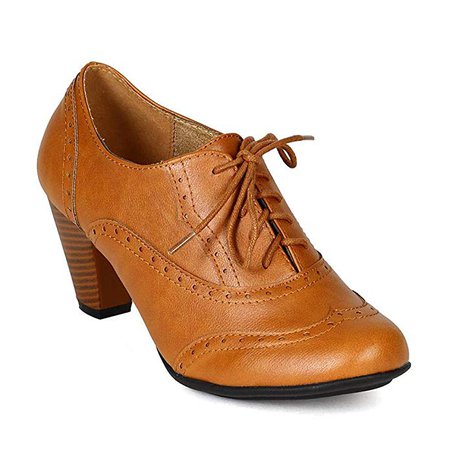 Amazon.com | Women's Cuban Chunky Heel Lace-up Ankle Booties Oxford Shoes Tan 10 | Oxfords