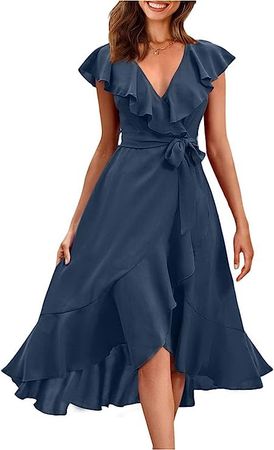 PRETTYGARDEN Women's Summer V Neck Ruffle Wrap Tie Maxi Dress Solid Color Flutter Sleeve Holiday Dresses for Women 2023 (Lake Blue,Medium) at Amazon Women’s Clothing store