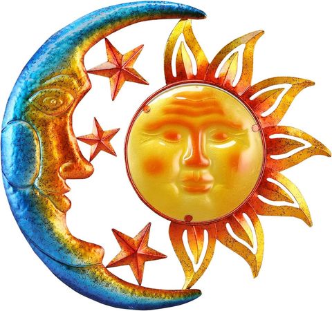 Amazon.com : NewVees Metal Sun Outdoor Wall Art Decor Large 18 Inch with Moon & Stars, Hanging for Indoor Outdoor Patio Garden Fence Deck Yard Pool Wall Sculpture Decoration for Living Room Bedroom Colorful : Patio, Lawn & Garden