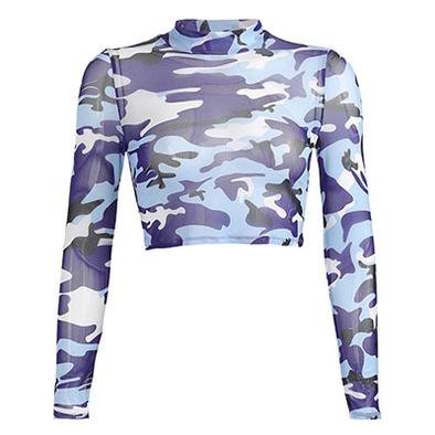 HEYounGIRL Sexy Camouflage Mesh Crop Top Long Sleeve T Shirt Women Camo Print | BC&ACI